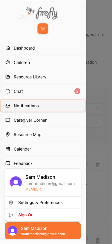 User menu with sign out option