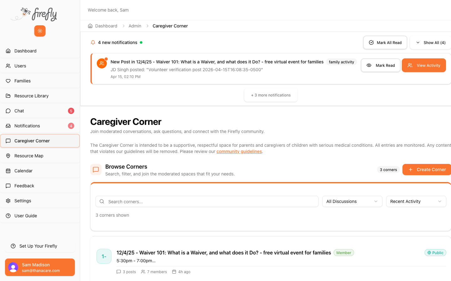 Caregiver Corner with corners list and create button