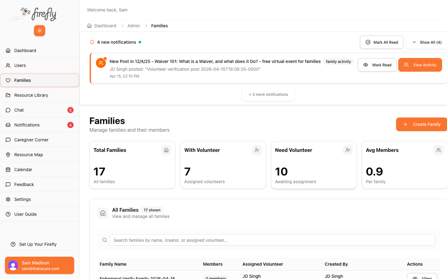 Families page showing summary cards, search, and family list