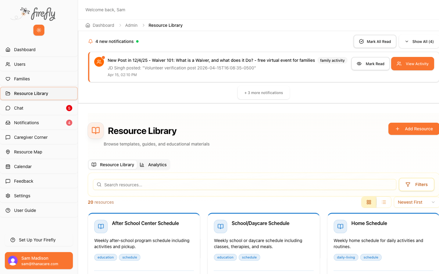 Resource Library with search, filters, and resource cards