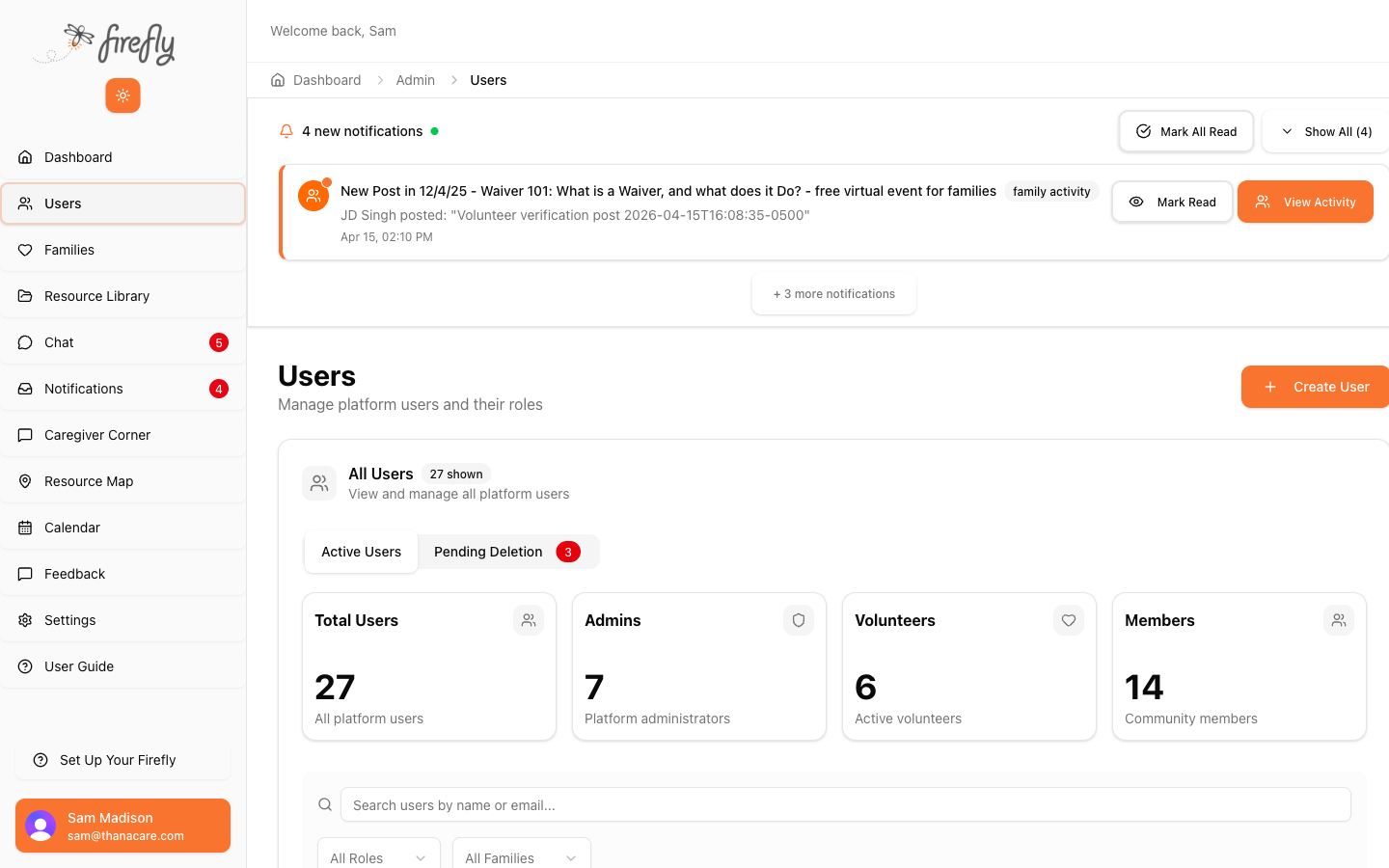 Users page with role breakdown and search